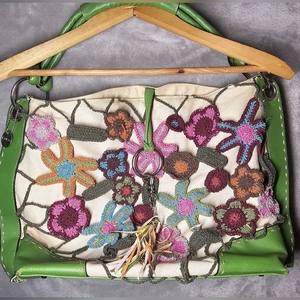 Lulu Women's‎  Embroidered Floral Patterned Handbag Taupe and Lime Green